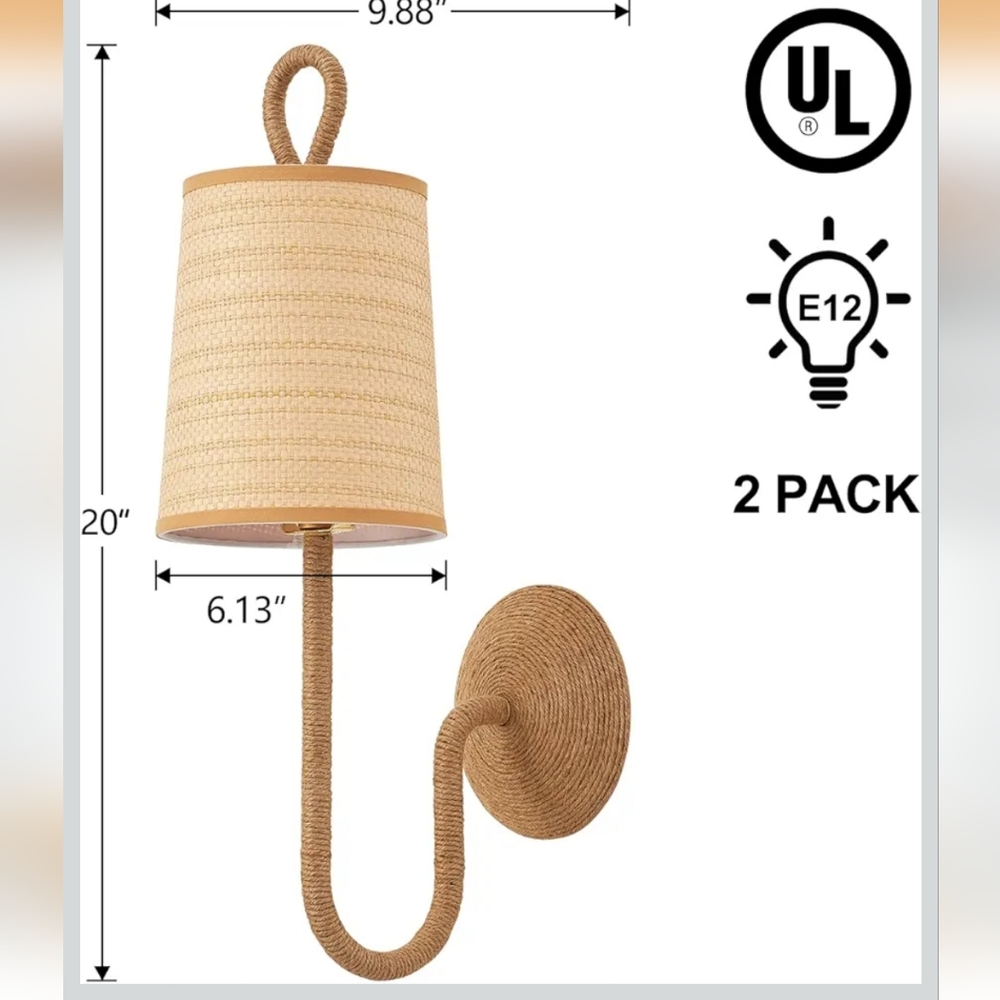 Boho Natural Rattan Wall Sconce Set of 2 Hand Woven Wall Lamp Rustic Wicker Wall